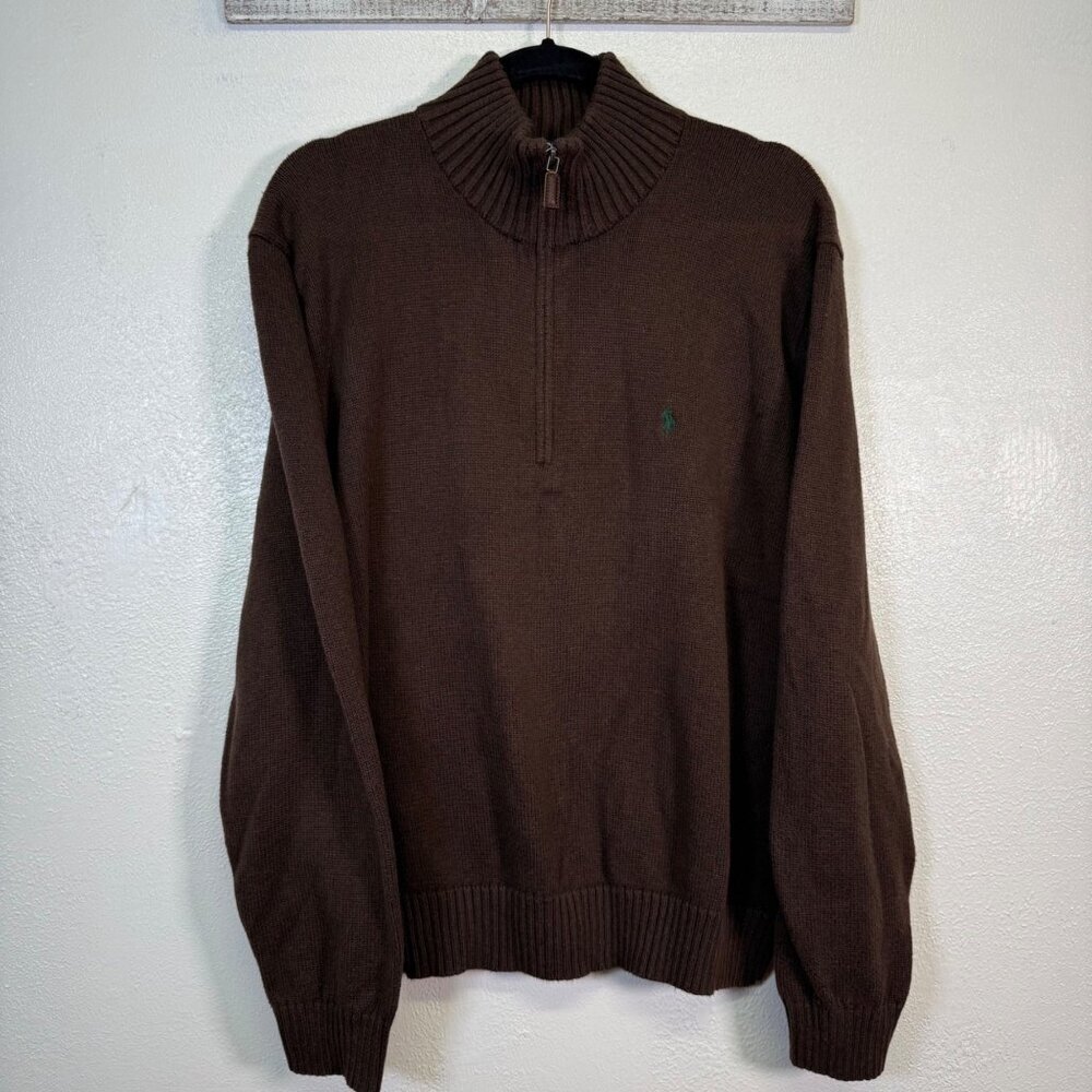 Polo Ralph Lauren Brown Cotton Knit 1/4 Zip Sweater Academia Preppy Y2K Large